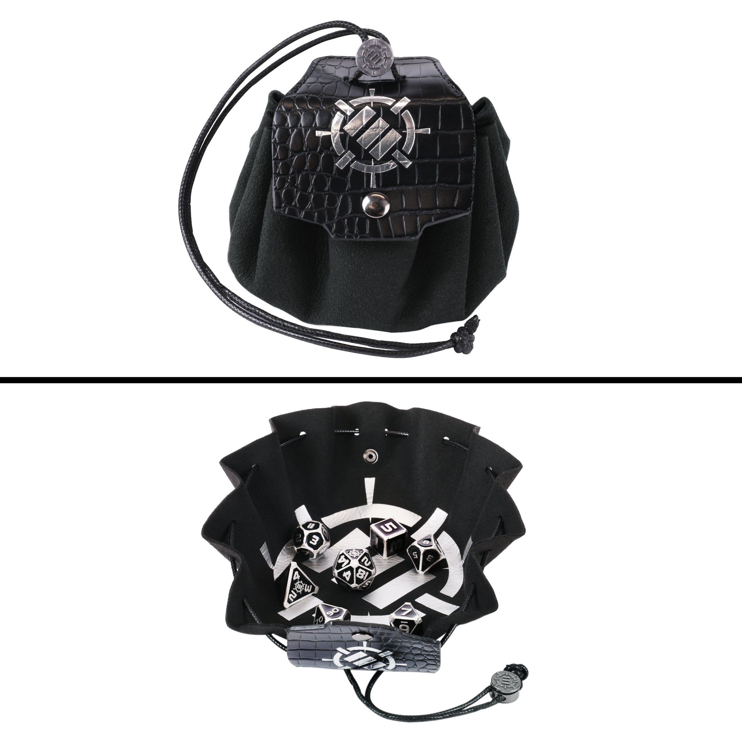 ENHANCE DnD 7pc Metal Dice with 2-in-1 Dice Bag/Tray (Collector Edition Black)