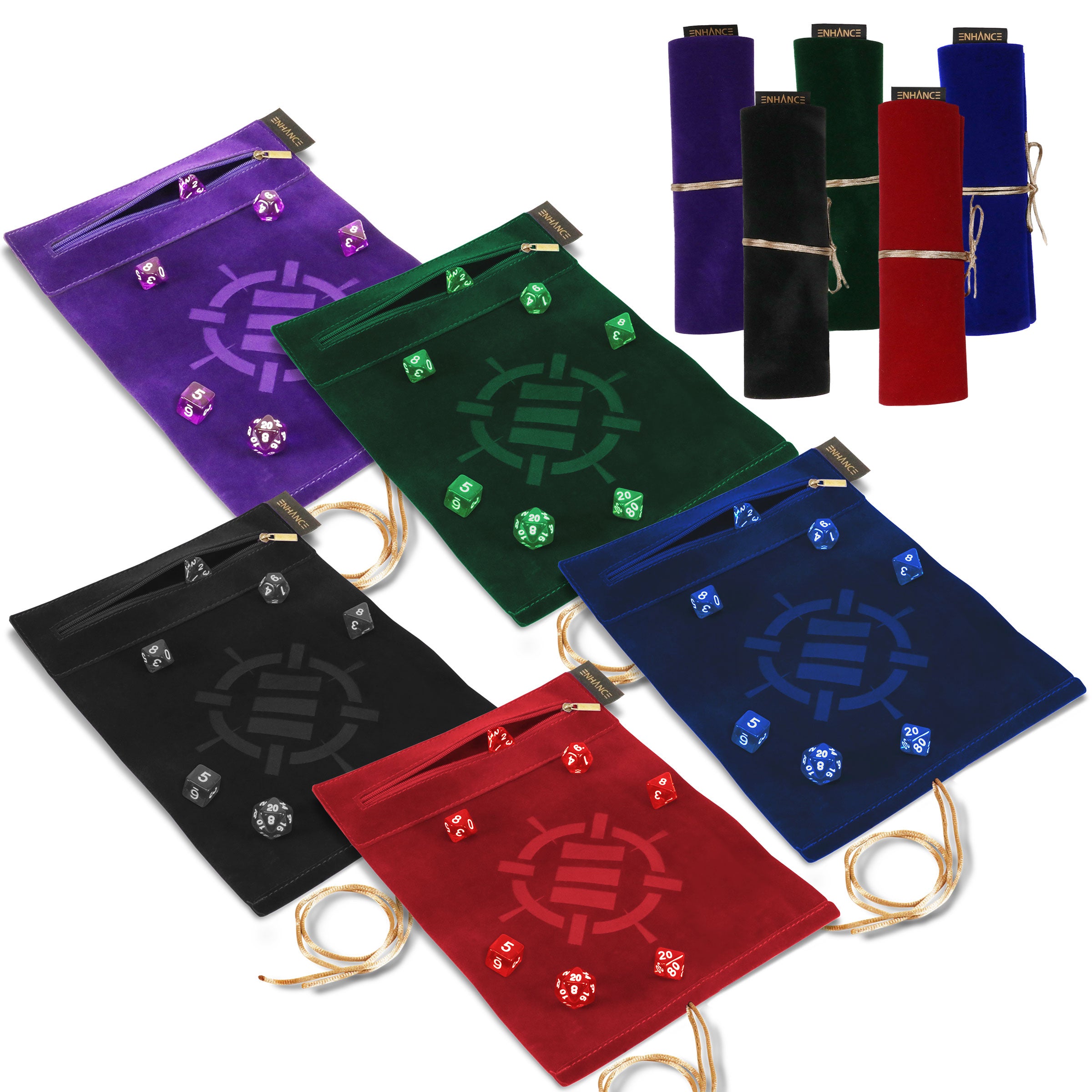 Enhance Tabletop Roll on a Scroll Dice Case and 7pc Acrylic Dice Set Purple